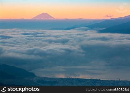 aerial Mount Fuji with Suwako Lake sunrise Takabochi