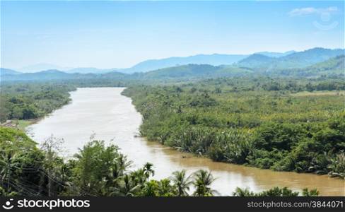 Aerial nature view of Kho Khot Kra or Kra Isthmus. The Kra Isthmus is the Malayan Peninsula narrowest point. Kra Buri River forming a natural boundary between Thailand and Myanmar.