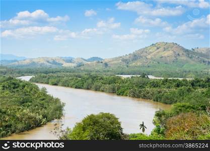 Aerial nature view of Kho Khot Kra or Kra Isthmus. The Kra Isthmus is the Malayan Peninsula narrowest point. Kra Buri River forming a natural boundary between Thailand and Myanmar.