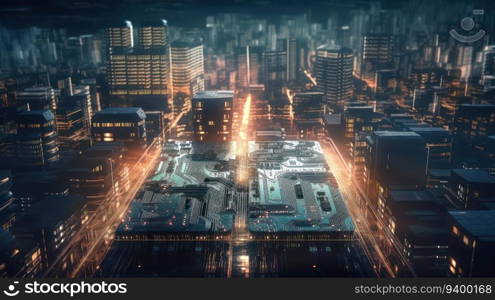 AERIAL. Network and Connection technology concept with a city at night time