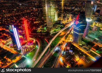 Aerial night panoramic view of business Istanbul, Turkey