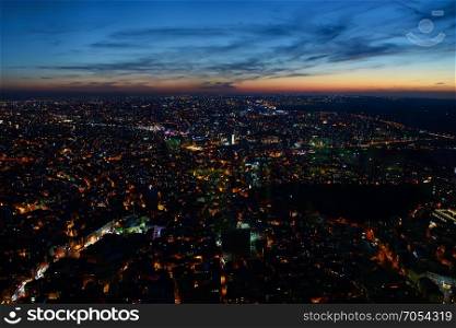 Aerial night panoramic view of business Istanbul, Turkey