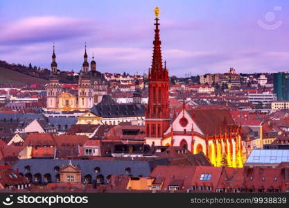 Aerial night view of Old Town with Maria Chapel in Wurzburg, Franconia, Bavaria, Germany. Wurzburg, Franconia, Northern Bavaria, Germany