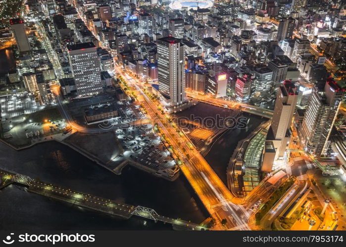 Aerial night view of Yokohama Cityscape at Minato Mirai waterfront district.