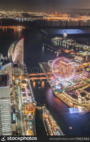 Aerial night view of Yokohama Cityscape at Minato Mirai waterfront district.