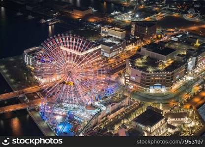 Aerial night view of Yokohama Cityscape at Minato Mirai waterfront district.
