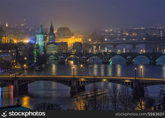 aerial night view on bridges in Prague, Czech Republic