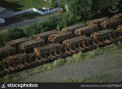 Aerial of a trainload of sawmill logs, Idaho