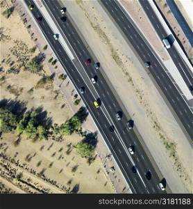 Aerial of Arizona highway with automobiles.