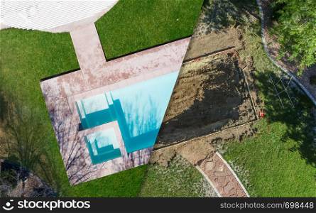 Aerial of Before and After Pool Build Construction Site.
