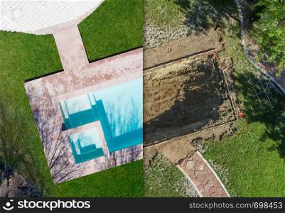 Aerial of Before and After Pool Build Construction Site.