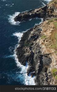 Aerial of coast with rocky cliff in Maui, Hawaii.