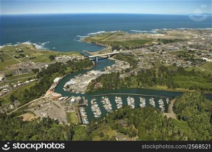 Aerial of coastal California town off the Shoreline Highway, USA.