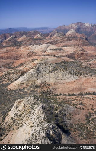 Aerial of desert landscape in Zion National Park in Utah, USA.