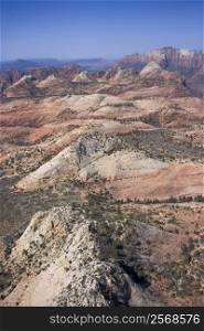 Aerial of desert landscape in Zion National Park in Utah, USA.