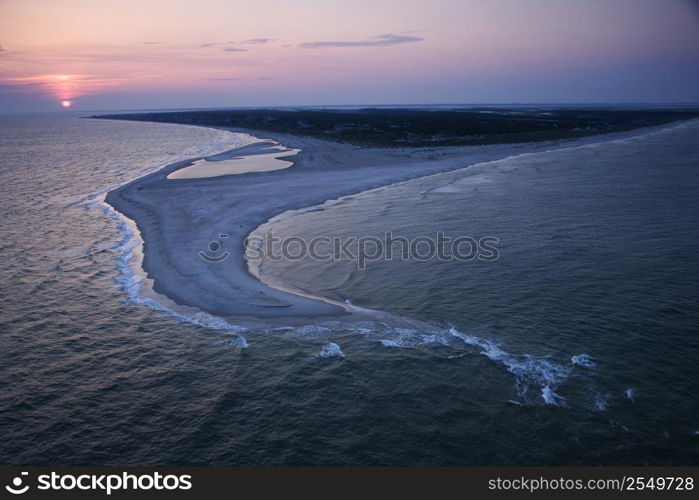 Aerial of east coast island beach of Bald Head Island, North Carolina.