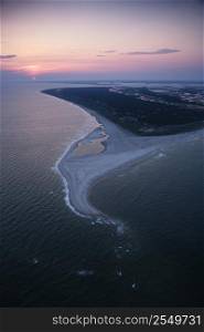 Aerial of east coast island beach of Bald Head Island, North Carolina.