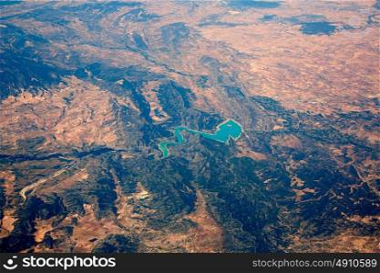 Aerial of Embalse Santolea Dam in Aragon of Spain