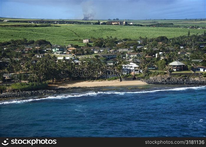 Aerial of houses on coast of Maui, Hawaii.