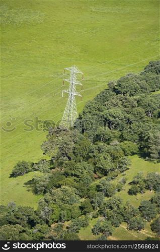 Aerial of landscape with power line.