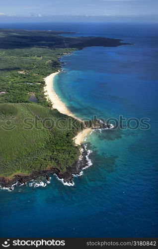 Aerial of Maui, Hawaii beach and Pacific ocean.