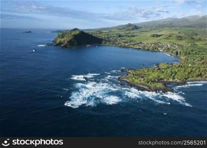 Aerial of Maui, Hawaii coastal landscape.