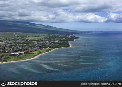 Aerial of Maui, Hawaii coastline with hotel resorts and beach.