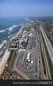 Aerial of nuclear power plant on California coast, USA.