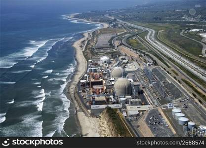Aerial of nuclear power plant on California coast, USA.