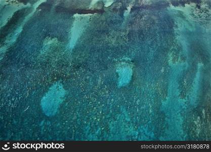 Aerial of reef seen through blue Pacific ocean.