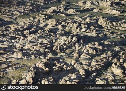 Aerial of rocky terrain in Alabama Hills, California, USA.