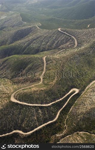 Aerial of rolling landscape in California countryside, USA.