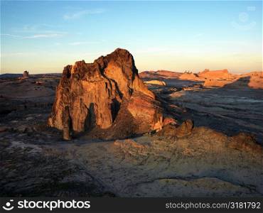 Aerial of scenic Arizona desert landscape with rock formation.