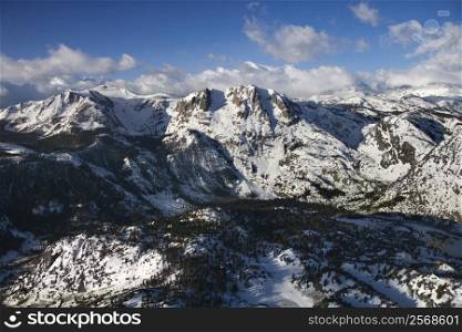 Aerial of snow covered mountain landscape in California, USA.