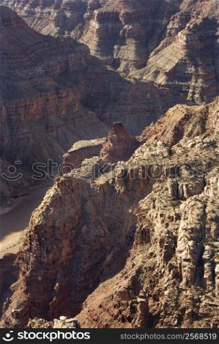 Aerial of southwest desert canyon cliffs and Colorado River gorge in Canyonlands National Park in Utah, USA.