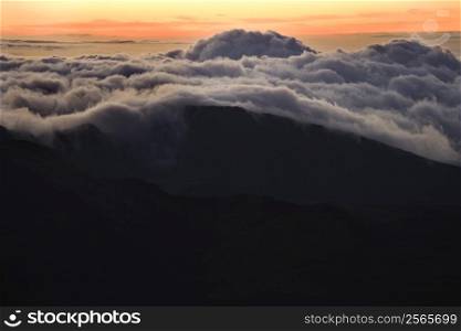 Aerial of sunrise in Haleakala National Park, Maui, Hawaii.