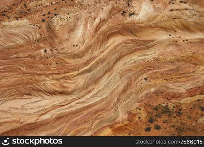 Aerial of textured red rock in desert of Arizona, USA.