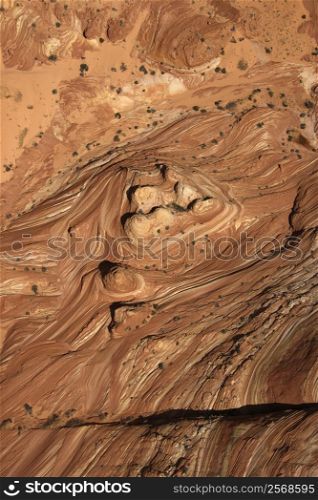 Aerial of textured red rock in desert of Arizona, USA.