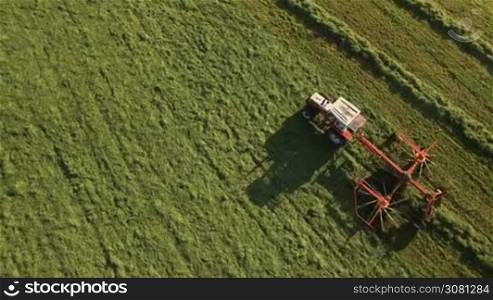 Aerial of tractor collects hay on the field in a green line sunny day in the mountains