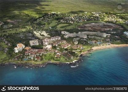 Aerial of tropical beach resort in Maui, Hawaii.