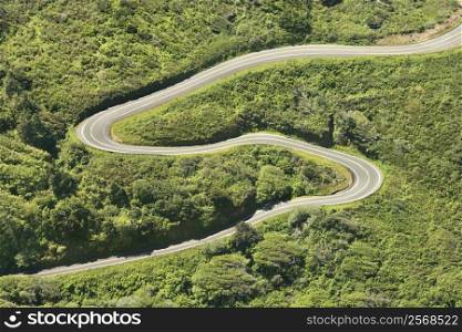 Aerial of winding country road Shoreline Highway in California, USA.