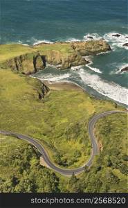 Aerial of winding road Shoreline Highway on west coast with Pacific Ocean in California, USA.