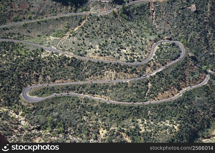 Aerial of winding Route 9 road in Zion National Park of Utah, USA.