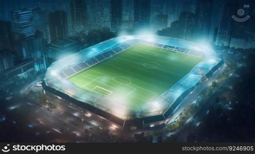 Aerial overhead view of a soccer stadium at night - Generative AI art. Aerial overhead view of a soccer stadium at night - Generative AI