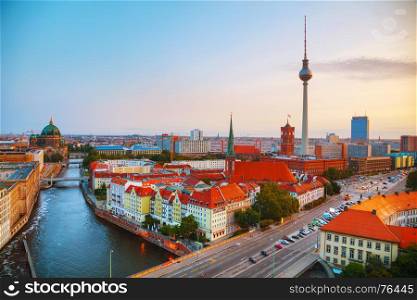 Aerial overview of Berlin, Germany at the sunrise