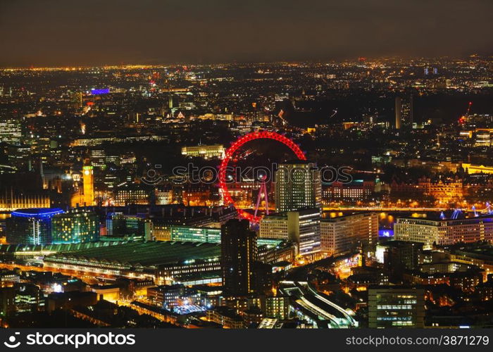 Aerial overview of London city at the night time
