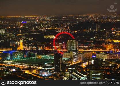 Aerial overview of London city at the night time