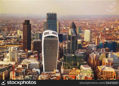 Aerial overview of London city in the evening