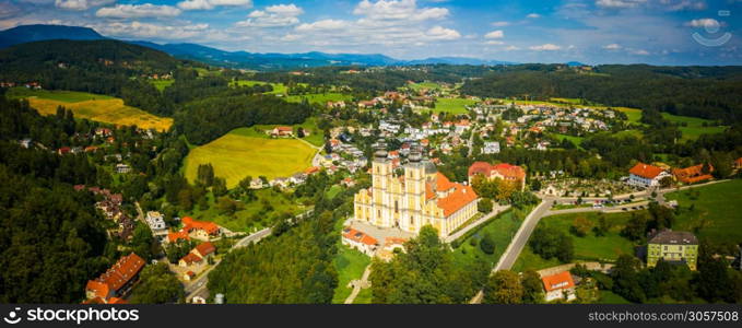 Aerial panoram of Baroque Mariatrost Basilica on top of the Purberg hill in Mariatrost, a district of Graz. Travel destination, famous turist spot. Aerial panoram of Baroque Mariatrost Basilica on top of the Purberg hill in Mariatrost, a district of Graz.