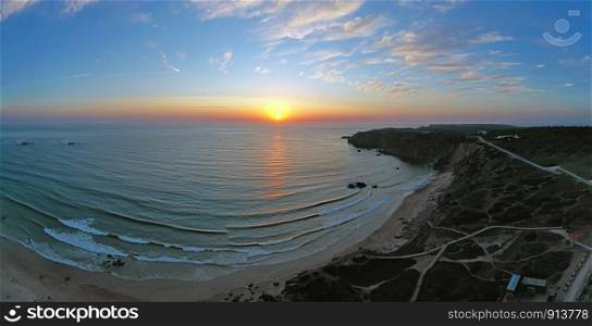 Aerial panorama from Amado beach at the westcoast in Portugal at sunset